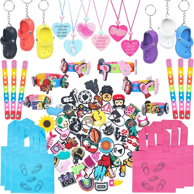 74PCS Shoe Charms Theme Party Favors, Shoe Keychain Charms Bracelets for Kids Silicone Wristbands