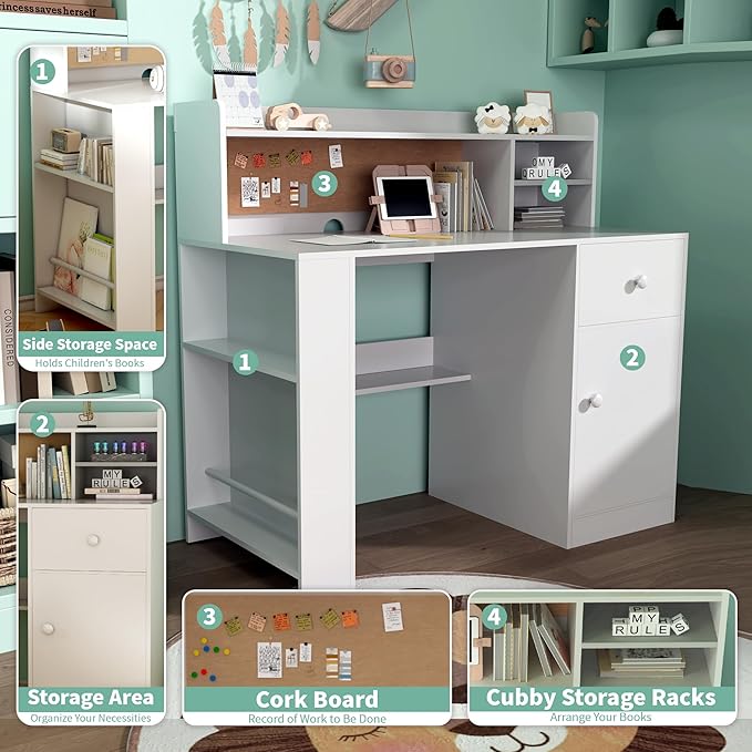 JMMD Kids Desk and Chair Set with Hutch, Wooden Student's Study Desk with Storage Cabinet and Drawer, Children Computer Writing Table for Girls Boys 8-12 Years, White