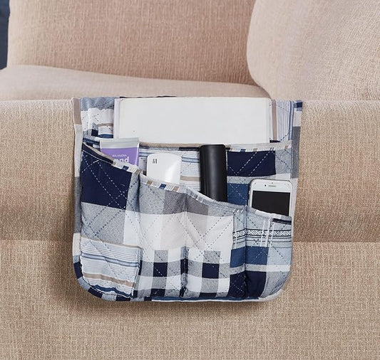 Brilliant Sunshine Multi Blue Plaids and Stripes Patchwork Sofa Armrest 5 Pockets Organizer, Slip Resistant Armchair Caddy, Washable Remote Controls Holder, Storage for Magazine, Tablet, 35×13", Blue