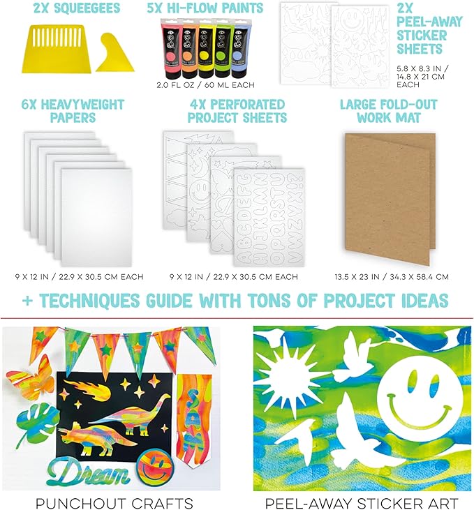 Bright Stripes iHeartArt Squeegee Art Kids Paint Kit, Childrens Painting Crafts Creativity Set, Including Paints, Squeegees, Paper, Stickers, Punch Outs and Work Surface, Great Creative Gifts