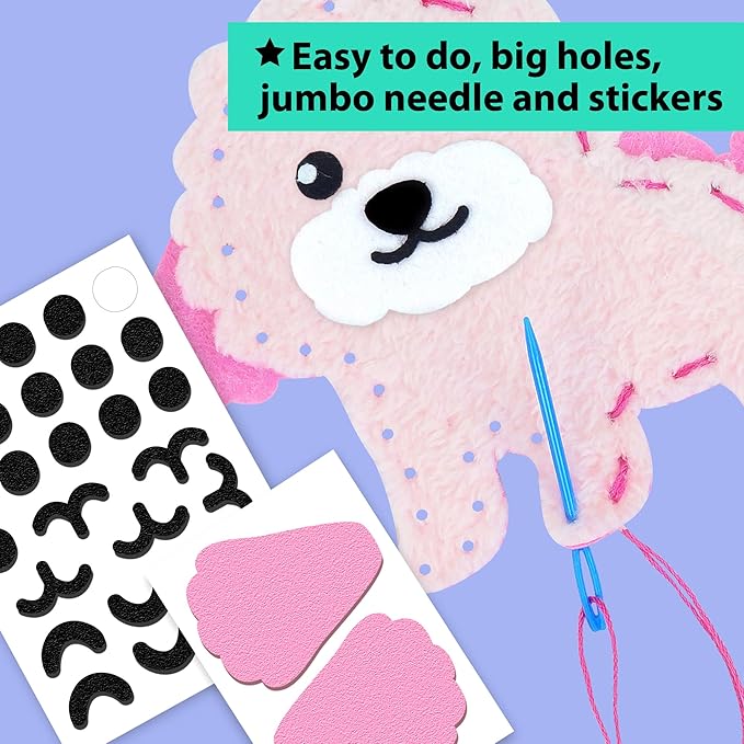 KRAFUN Easy Sewing Kit for Beginner Kids Arts & Crafts, 8 Easy DIY Projects of Stuffed Animal Dolls of Puppies & Kittens, Dogs and Cats, Instructions & Felt, Gift for Girls, Boys, Learn to Sew