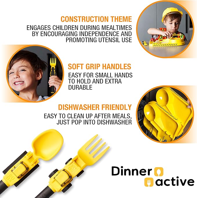 Dinneractive Utensil Set for Kids – Construction Themed Toddler Forks and Spoons, Toddler Utensils – 2-Piece Set – Yellow Construction Utensils For Toddlers - Loader & Tractor Toddler Spoons and Forks