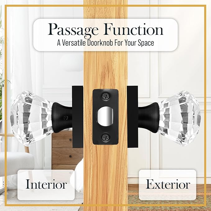 Clear Crystal Door Knob, Square Base, Glass Door Knobs Interior Non-Locking Set, Antique Decorative Vintage Style for Hallway, Closet, Passage Doors, 1 Pack