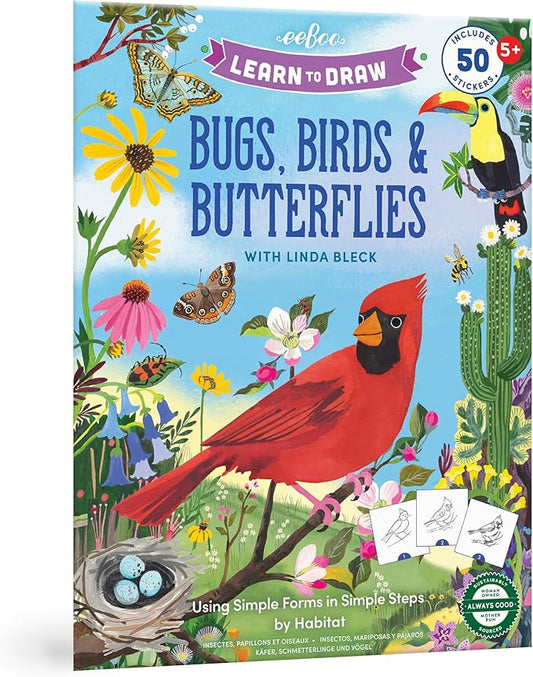 eeBoo: Learn to Draw - Bugs, Birds & Butterflies - 32 Page Activity Book & 50 Stickers Set, Fun Nature-Themed Step-by-Step Drawing & Coloring, Kids 5+