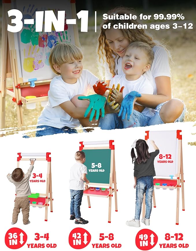 JOYOOSS Easel for Kids Art Easel Kids Easels for Toddlers,Wooden Kid Easel with Paper Roll - Adjustable Magnetic Double Sided, Toddler Art Easel for Toddlers 2-4 Years and Art Easel for Kids Ages 4-8