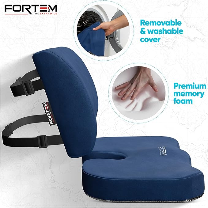 FORTEM Seat Cushion, Office Chair Cushion, Lumbar Support Pillow for Office Chair, Memory Foam Sciatica Coccyx Tailbone Pressure Pain Relief, Car Sitting Pad, Washable Non Slip