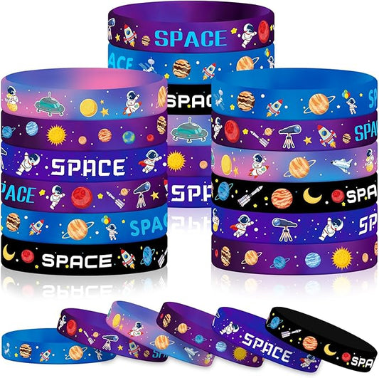 JUNEBRUSHS 42pcs Outer Space Party Favors Silicone Bracelets Galaxy Astronaut Stars Space Rubber Wristbands Accessories for Students Space Themed Birthday Party Favors Decorations Supplies(6 Designs)