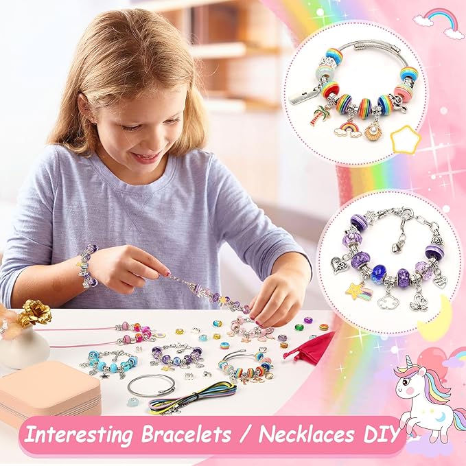 Charm Bracelet Making Kit for Girls, 140 PCS DIY Craft Bead Sets Jewelry Making Kit for Teen Girls Age 8-12, Portable Bracelet Organizer Gift Box for Teenage Birthday Christmas Stocking Gift