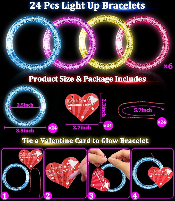 AMENON 24 Pack Valentines Day Gifts for Kids Glow In The Dark LED Bracelets with Valentines Cards for Kids Light UP Bracelets Valentines Classroom Gifts Exchange School Carnival Prizes Party Favor