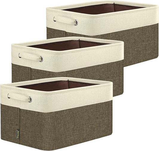 BALEINE 3 Pack Fabric Storage Bins for Shelves, Linen Storage Baskets for Organizing, Decorative Closet Bins for Clothes, Home (Brown, 17''x13''x10.5'')