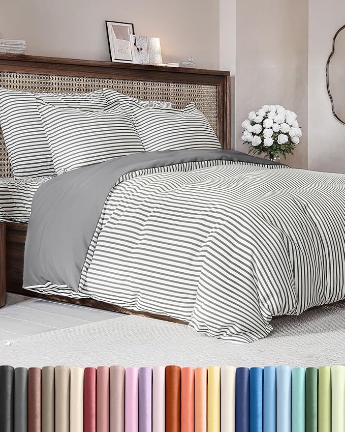 Duvet Cover Cal King Size Set - Extra Soft Cal King Size Duvet Cover 104 x 98 with 2 Pillow Shams - Hotel Luxury and Fade Free w/Zipper Closures & Ties - Comfy Breathable Bedding Set (Grey Stripes)