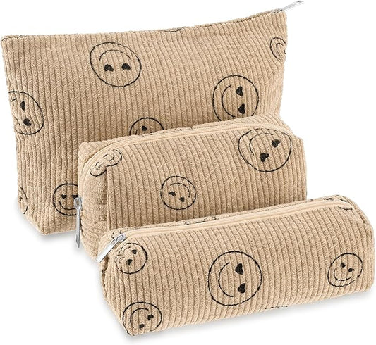 Huhumy 3 Pcs Makeup Bag Set for Women Corduroy Cosmetic Pouch Aesthetic Smile Travel Toiletry Bag Cute Purse Pouch Pencil Case Makeup Brushes Storage Organizer for Valentine(Khaki,Smile Face)