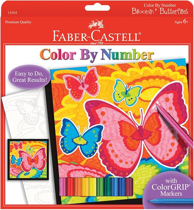 Faber-Castell Color by Number Bloomin' Butterflies - Color and Display 1 Color by Number Board, Red, 14 Piece Set