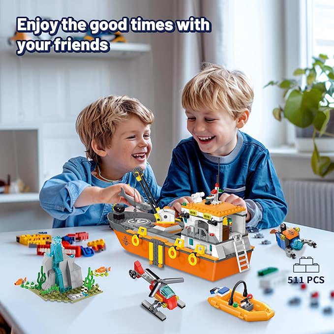 City Ocean Explorer Ship Building Set, Fun Toy Exploration Boat Building Block Kit with LED Lights,Helicopter, Submarine,and Shark Cage, Birthday Gifts for 6 8 10 12 Years Old Boys Girls Kids