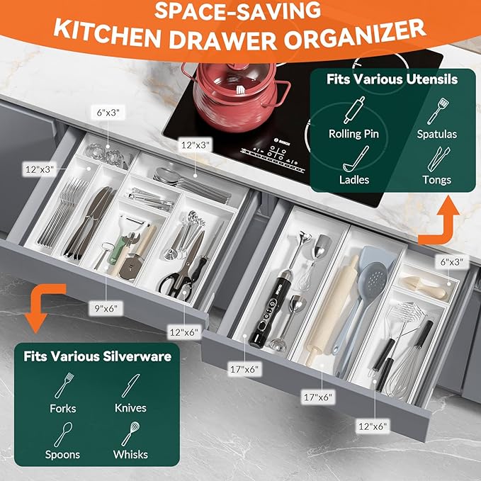 Lixple Kitchen Drawer Organizer - 2 Pack, Stackable Bamboo Drawer Organizers, Wooden Storage Box Tray for Cabinet, Pantry, Bathroom Countertop, Multi-use Organization and Storage (White)