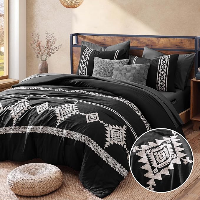 MaiRêve Embroidery Queen Size Comforter Set Black, Boho Farmhouse Western Bedding Set 7 Pieces, All Season Bed in A Bag Comforter Set with Sheets, Pillowcases & Shams