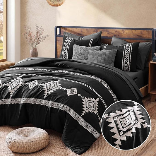MaiRêve Embroidery Queen Size Comforter Set Black, Boho Farmhouse Western Bedding Set 7 Pieces, All Season Bed in A Bag Comforter Set with Sheets, Pillowcases & Shams