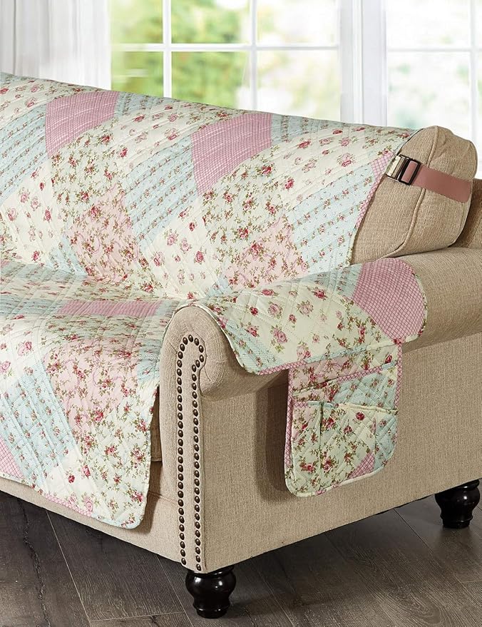 Brilliant Sunshine Pink and Green Rose Patchwork Sofa Armrest 5 Pockets Organizer, Slip Resistant Armchair Caddy, Washable Remote Controls Holder, Storage for Magazine, Tablet, 35×13", Pink Green