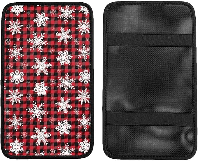 DORKEIXIA Snowflake Christmas Red Buffalo Plaid Auto Center Console Armrest Pad Universal Car Center Console Cover Seat Box Cover for Sedan, Van, SUV, Truck Car Accessorie