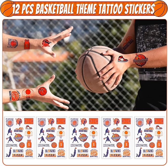 Basketball Party Favors Set 72 PCS Basketball Slap Bracelets Straws Tattoo Stickers Mini Stress Ball Silicone Bracelets Gift Bags for Kids Adults Sports Basketball Birthday Gift Classroom Rewards