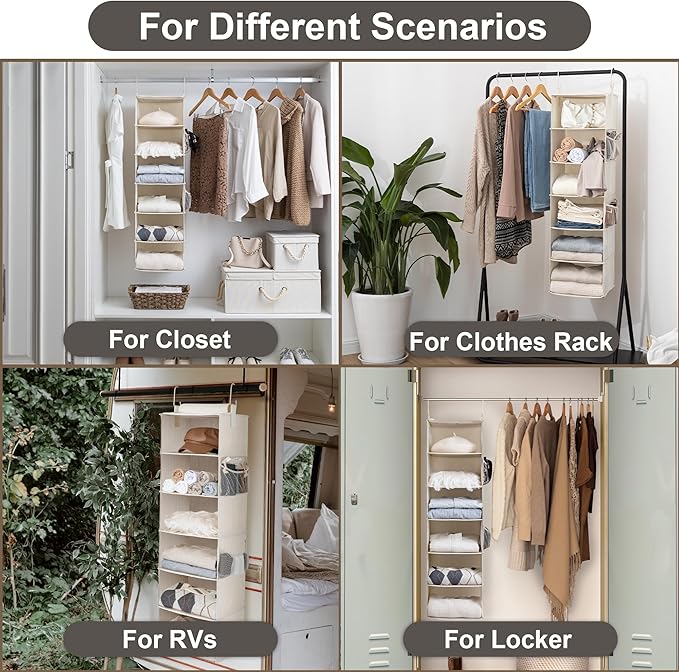 StorageWorks 6-Shelf Hanging Closet Organizer, Hanging Shelves for Closet, Fabric, Mixing of Beige, White & Ivory, 12" D x 12" W x 47 1⁄2" H