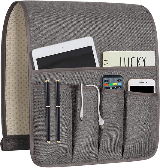 NB Sofa Armrest Organize remote holder bedside caddy organizer with 5 pockets，non-slip couch remote control holder couch armchair caddy accessories (Dark Grey, 35"x12.4")