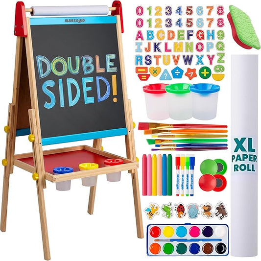 Blue Squid Art Easel for Kids - Dual-Sided Adjustable Wooden Painting Easels, Gift for Toddlers and Kid - with Magnetic Chalk Board, White Board & Paper Roll, (Multicolor +100 Accessories, Premium)