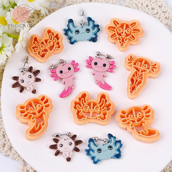 Puocaon Salamander Polymer Clay Cutters - 6 Pcs Axolotl Clay Cutters for Polymer Clay Earrings, Cute Axolotl Polymer Clay Jewelry Cutters, Animal Clay Jewelry Cutters for Earrings Making
