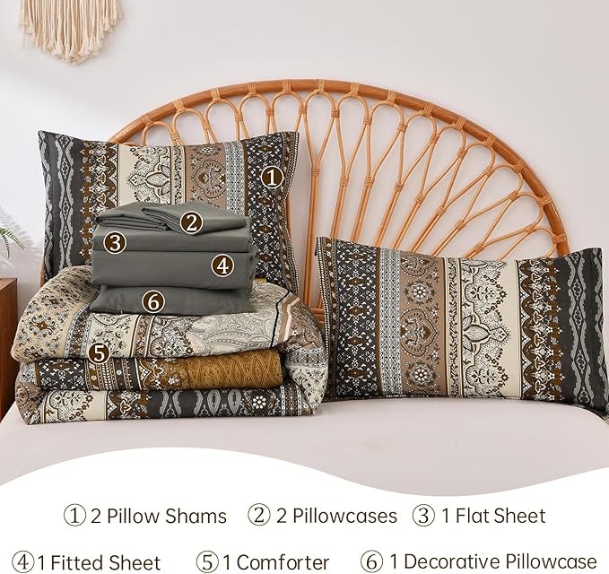 Cottolester Boho Comforter Set California King Size 8 Pieces,Brown Black Bohemian Comforter Paisley Striped Bed in A Bag,Soft Microfiber Bedding Set for All Season