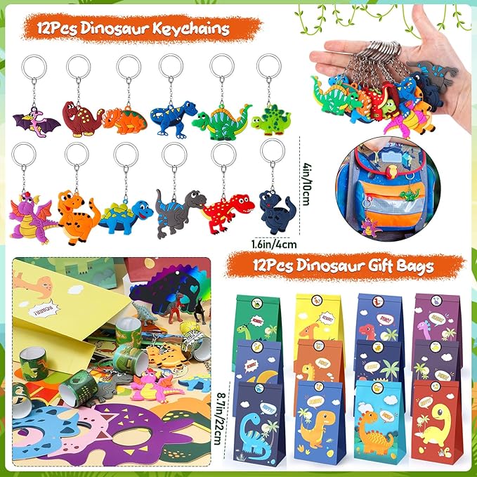 166 Dinosaur Party Favors Dino Birthday Supplies Mask Egg Figure Scracth Bookmark Slap Bracelet Keychain Sticker Tattoo Toy Gift Kid Boy Girl Goodie Bag Stuffer Dinosaur Themed Party Supplies