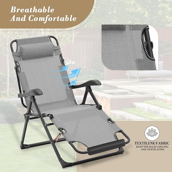 Athena Collection Zero Gravity Outdoor Lounge Chair Recliner Set of 2, 27" Width Reclining Pool Lounge Lawn Chairs with Headrest Foot Pad, Outdoor Chaise for Beach Patio Backyard Outside, Grey