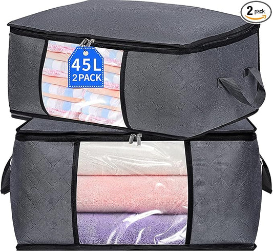 2 Pack Clothes Organizer Storage Bags with Zipper, 45L Foldable Blanket Storage Box with Clear Window Sturdy Handles for Closet, Dorm, Pillows, Bedding, Sweater, Clothing, Gray