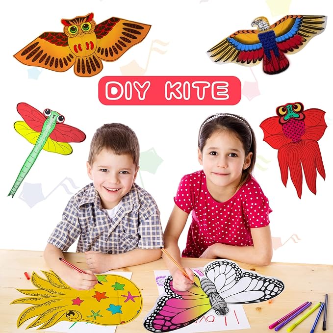 24 Pack DIY Kite for Kids Blank Painting Kite Making Kit Bulk Decorating Coloring Kite Party Pack Easy Flying Kite with Handle and String for Outdoor Activities
