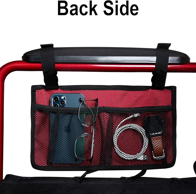 Wheelchair Side Bag, Wheelchair Armrest Storage Pouch with Cup Holder Use of Waterproof Fabric, for Most Wheelchairs, Walkers or Rollators (Red)