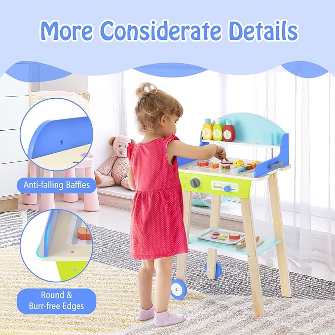 Costzon Kids Barbecue Grill Playset, Wooden Pretend Cooking Truck with 21 Play Food & Barbecue Accessories, Role Play BBQ Toy Set, Interactive Little Chef Cooking Play Stand for Girls & Boys Age 3+