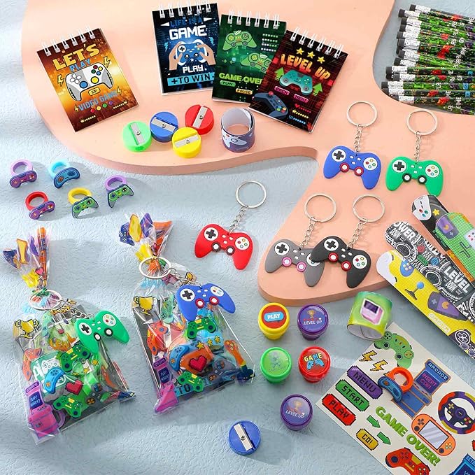 171 Pcs Video Game Party Favors Set Includes Gift Bags Pencils Notebook Sharpener Slap Bracelets Rings Keychains Tattoo Gaming Stickers Stamper Gamer Party Favors for Kids Gamer Birthday
