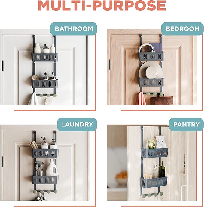 Zenna Home SnugFit Over the Door Caddy Organizer with 2 Storage Baskets and 4 Hooks, Over Door Hanging Organizer for Bathroom, Kitchen, Bedroom, Closet, Easy to Install, No Drilling, Blue