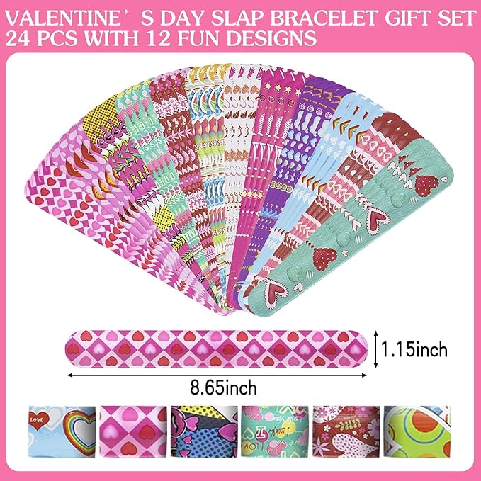 24 Pcs Valentines Day Slap Bracelets for Kids Party Favors, Holiday Slap Bracelets with Colorful Hearts for Girls Valentine's Day Party Decorations Classroom Prizes Birthday Gifts