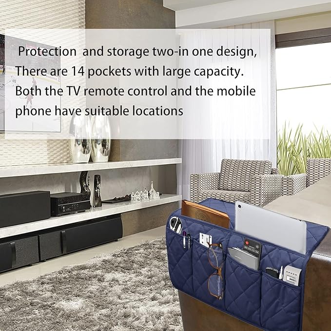 Armchair Caddy,Non Slip Sofa Armrest Organizer, Couch Armrest Remote Control Holder,Waterproof Recliner Arm Caddy with 14 Pockets for Cell Phone TV Remote Control