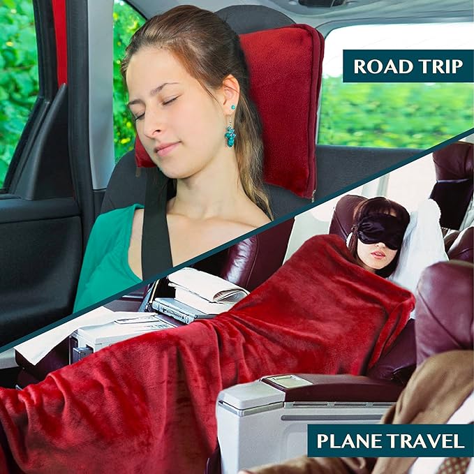 PAVILIA Travel Blanket Pillow, Soft Airplane Blanket 2-in-1 Combo Set, Plane Blanket Compact Packable, Flight Essentials Car Pillow, Travelers Gifts Accessories, Luggage Backpack Strap, 60x43 Red