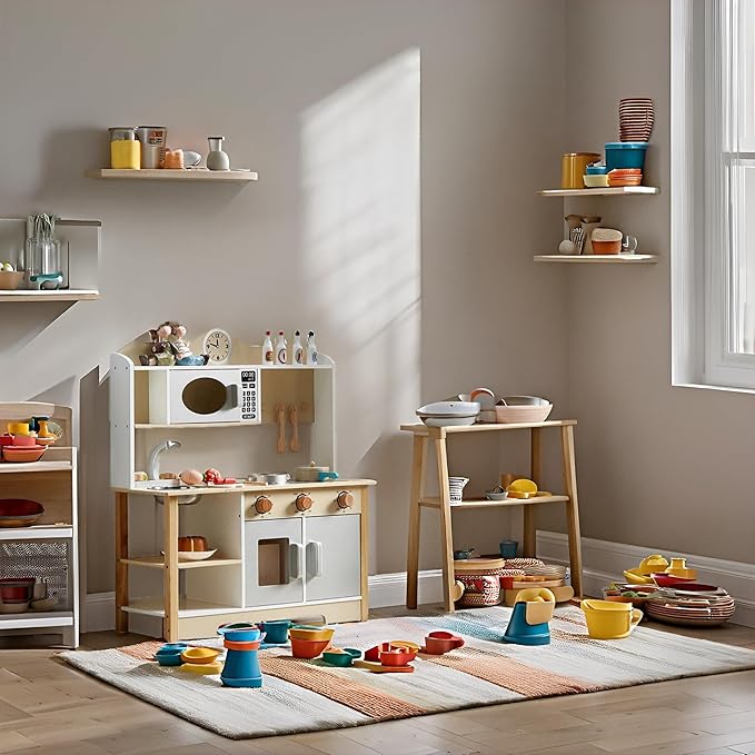 Kids Play Kitchen, Wooden Kitchen Playset for Kids with 12 Pcs Toy Food & Cookware Accessories, Toys Kitchen Small Pretend Play Kitchen for Toddlers