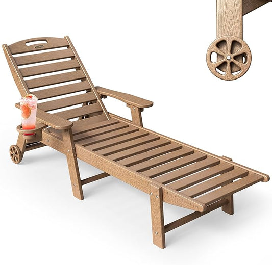 Chaise Lounge Outdoor, Lounge Chair Outdoor with Wood Texture, Adjustable 5-Position Backrest, HDPE Lounge Chair with Wheels & Cup Holder for Pool Deck Backyard, Teak