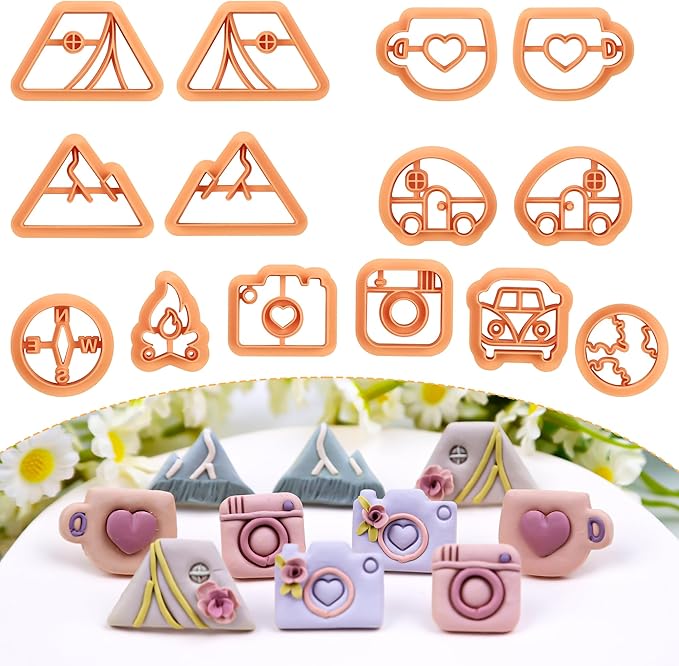 Puocaon Camping Polymer Clay Cutters - 14 Pcs Clay Cutters for Polymer Clay Earrings Making, 3D Print Camper Theme Polymer Clay Cutters, Compass Van Tents Cups Bus Hill Camera Clay Jewelry Cutters