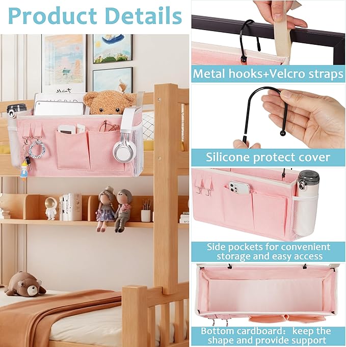 Loghot Bedside Caddy/Bedside Storage Bag Hanging Organizer for Bunk and Hospital Beds,Dorm Rooms Bed Rails,Can be Placed Glasses,Books,Mobile Phones,Keys (Light Pink)