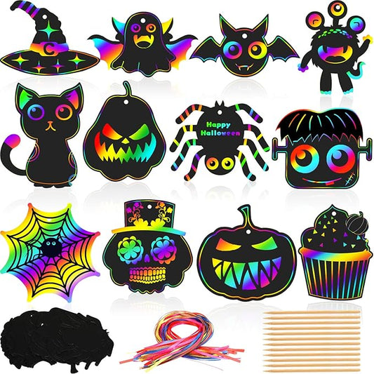 FEBSNOW Halloween Crafts for Kids, Magic Rainbow Halloween Scratch Art Paper Cards Halloween Tree Hanging Ornaments Halloween Gifts for Kids Holiday Party Favors Games (Halloween)