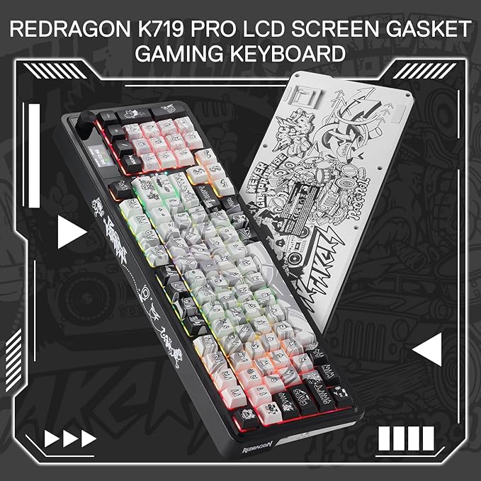 Redragon K719 PRO Wireless Gasket Gaming Keyboard w/Hype Screen & Knob, 95 Keys Mechanical Keyboard, Easy-Control 1.14’’ TFT Info Display, 5-Layer Noise Dampening, Street Graffiti Dye-Sub PBT Keycaps