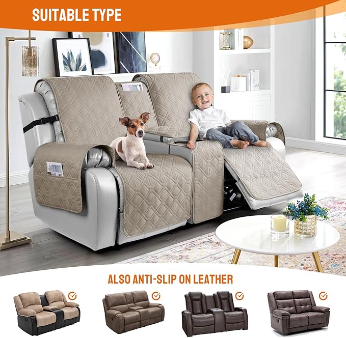 VANSOFY Loveseat Recliner Cover with Console 100% Waterproof Sofa Slipcovers Non-Slip Reclining Couch Cover Split Sofa Covers Furniture Protector for Pets, Dogs（Khaki）