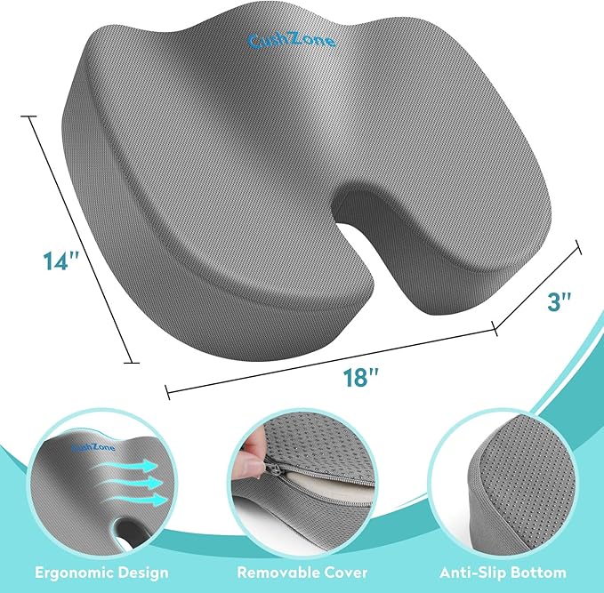 Office Chair Seat Cushion, Cooling Gel Enhanced Memory Foam Cushion for Long Sitting - Back, Sciatica, Coccyx, Tailbone Pain Relief Pillow - for Office, Gaming, Car, Wheelchair - Light Grey, Large