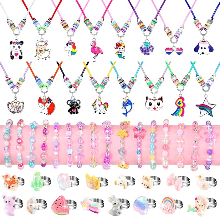 48 Pieces Girls Jewelry Set Adjustable Bracelets Necklaces and Rings Set Pretend Dress up Play Jewelry Party Favors Birthday Gifts for Little Girls Kids Toddler Child Friendship