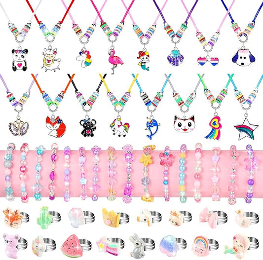 48 Pieces Girls Jewelry Set Adjustable Bracelets Necklaces and Rings Set Pretend Dress up Play Jewelry Party Favors Birthday Gifts for Little Girls Kids Toddler Child Friendship